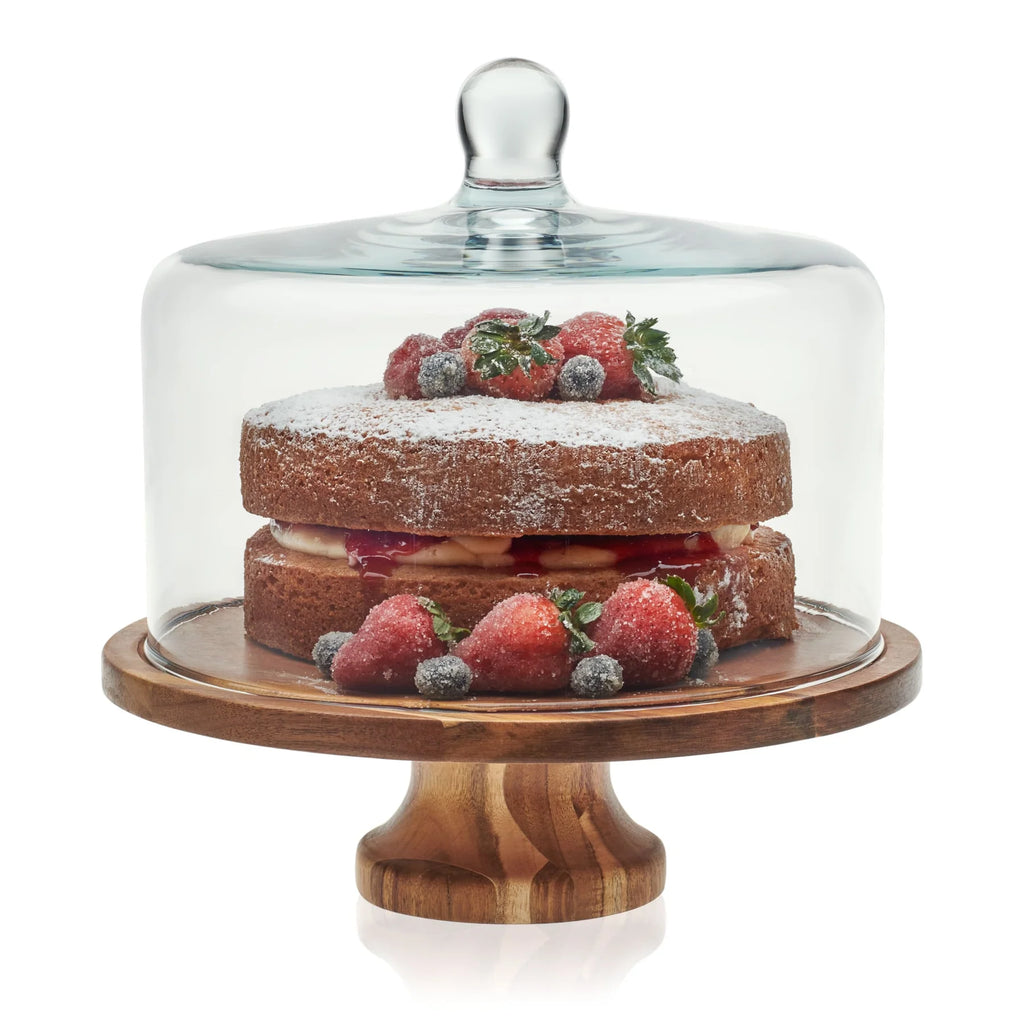 Libbey Acaciawood Footed Round Cake Stand with Lid