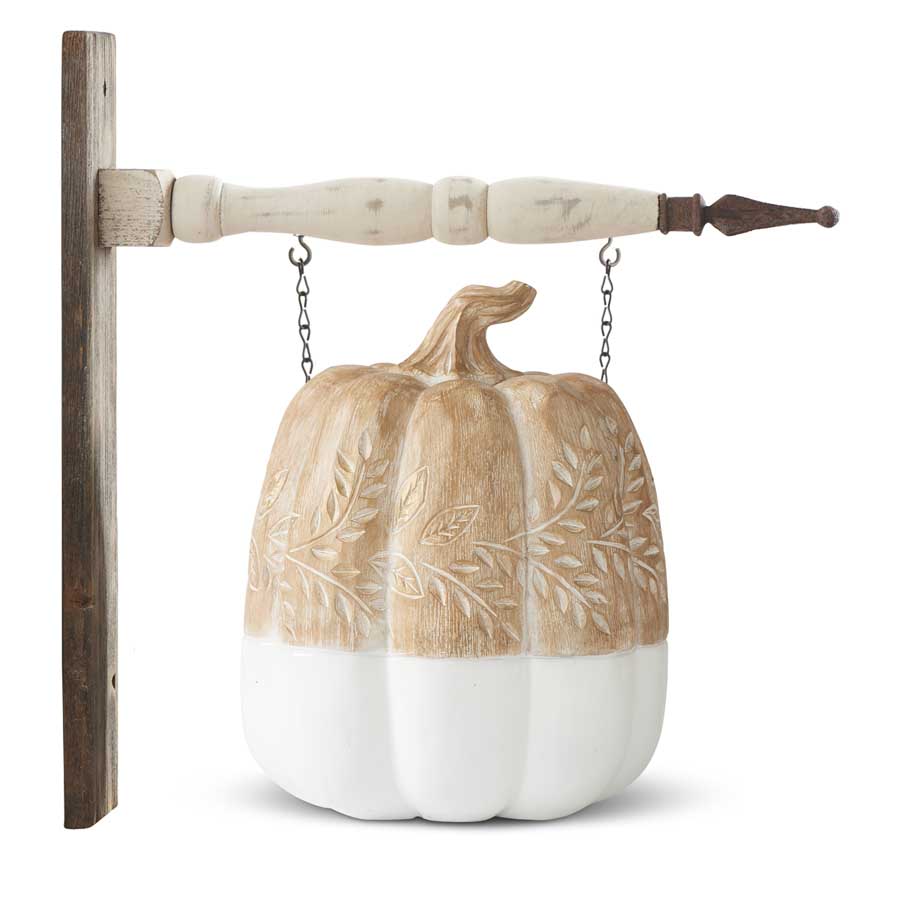 K & K Interiors Tan and White Pumpkin with Carved Leaves Hanging Ornament