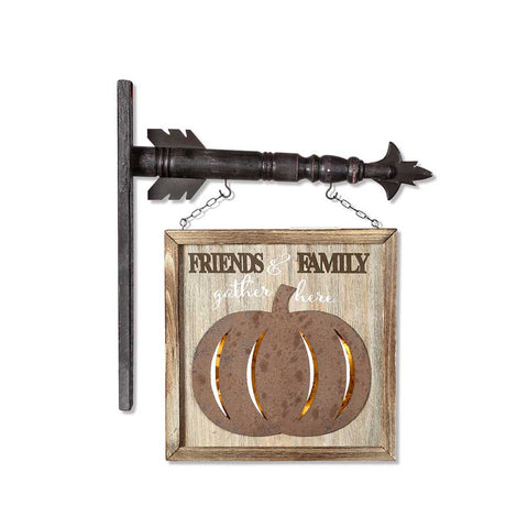 K & K Interors Wood Friends and Family Gather Here LED Pumpkin Hanging Ornament