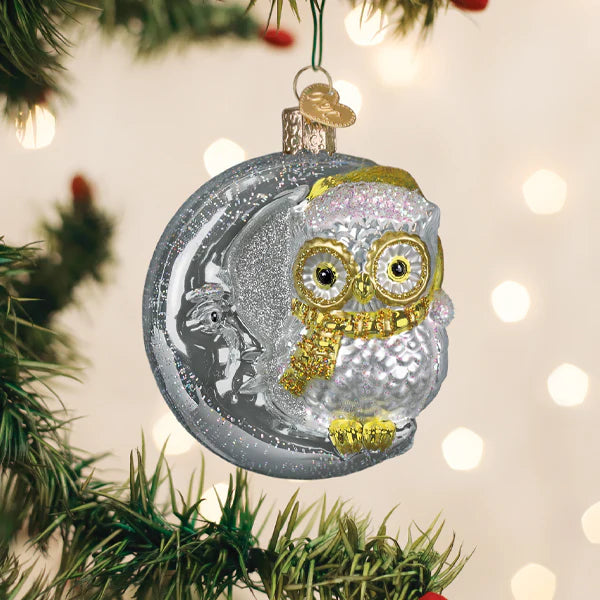 Old World Christmas Sterling Snow Owl On Moon Ornament