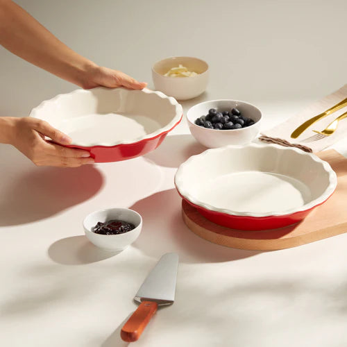 Kook Ceramic Cherry Red Deep Pie Dish with Wave Edge, 9 Inch