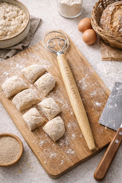 My Rustic Roots 13" Danish Dough Whisk with Wood Handle