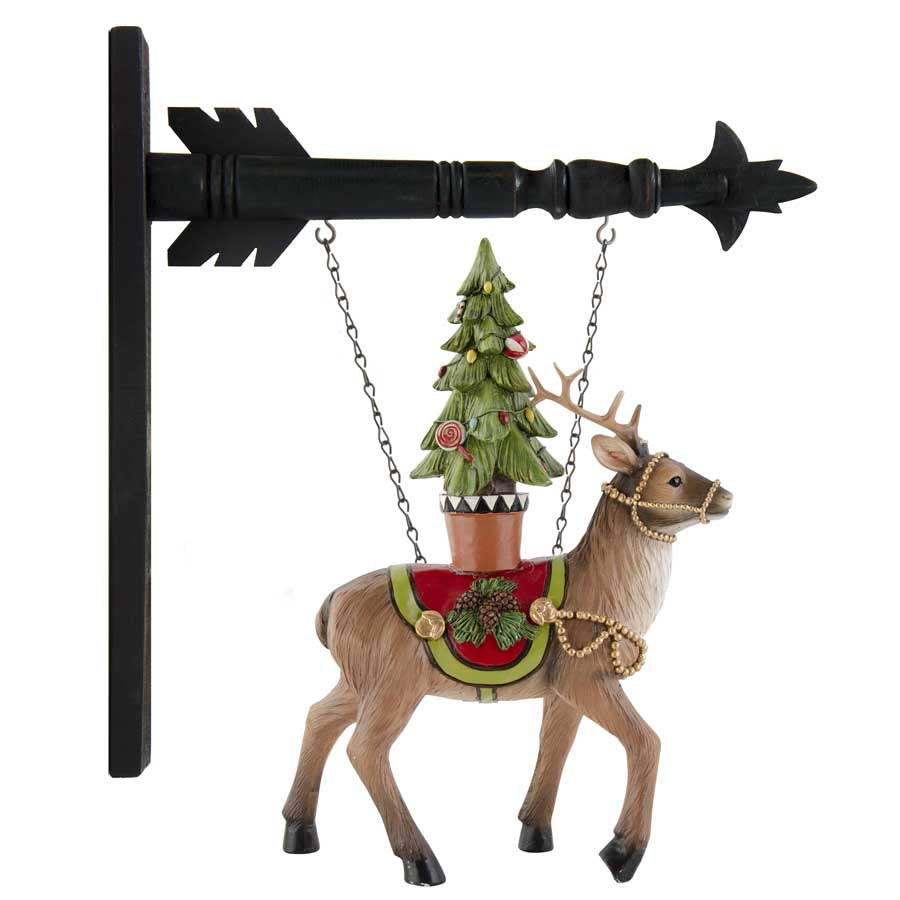 K & K Interiors Resin Reindeer with Christmas Tree Hanging Ornament