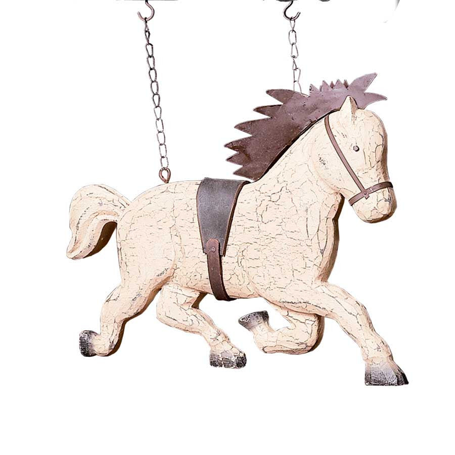 K & K Interiors White Wood Horse With Metal Mane & Saddle Hanging Ornament