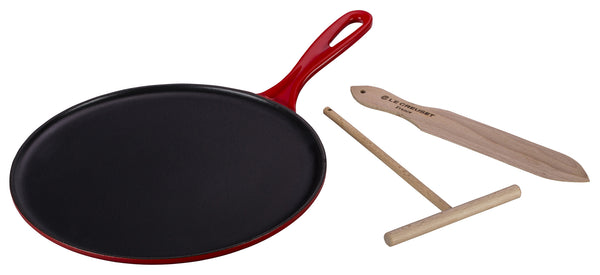 Le Creuset Cherry Enameled Cast Iron Crêpe Pan with Râteau and Spatula