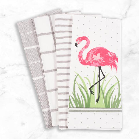 KAF Home Flamingo Print And Yarn Dyed Towels Set of 4