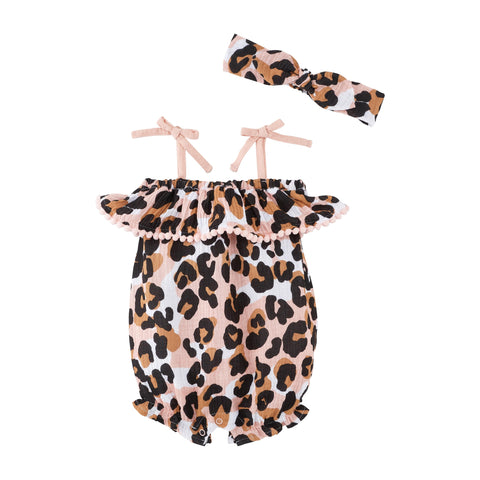 MudPie Baby Leopard Bubble Bodysuit and Headband 9-12M